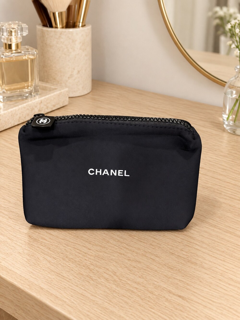 Chanel Black Zip Cosmetic Pouch | Vanity Accessory
